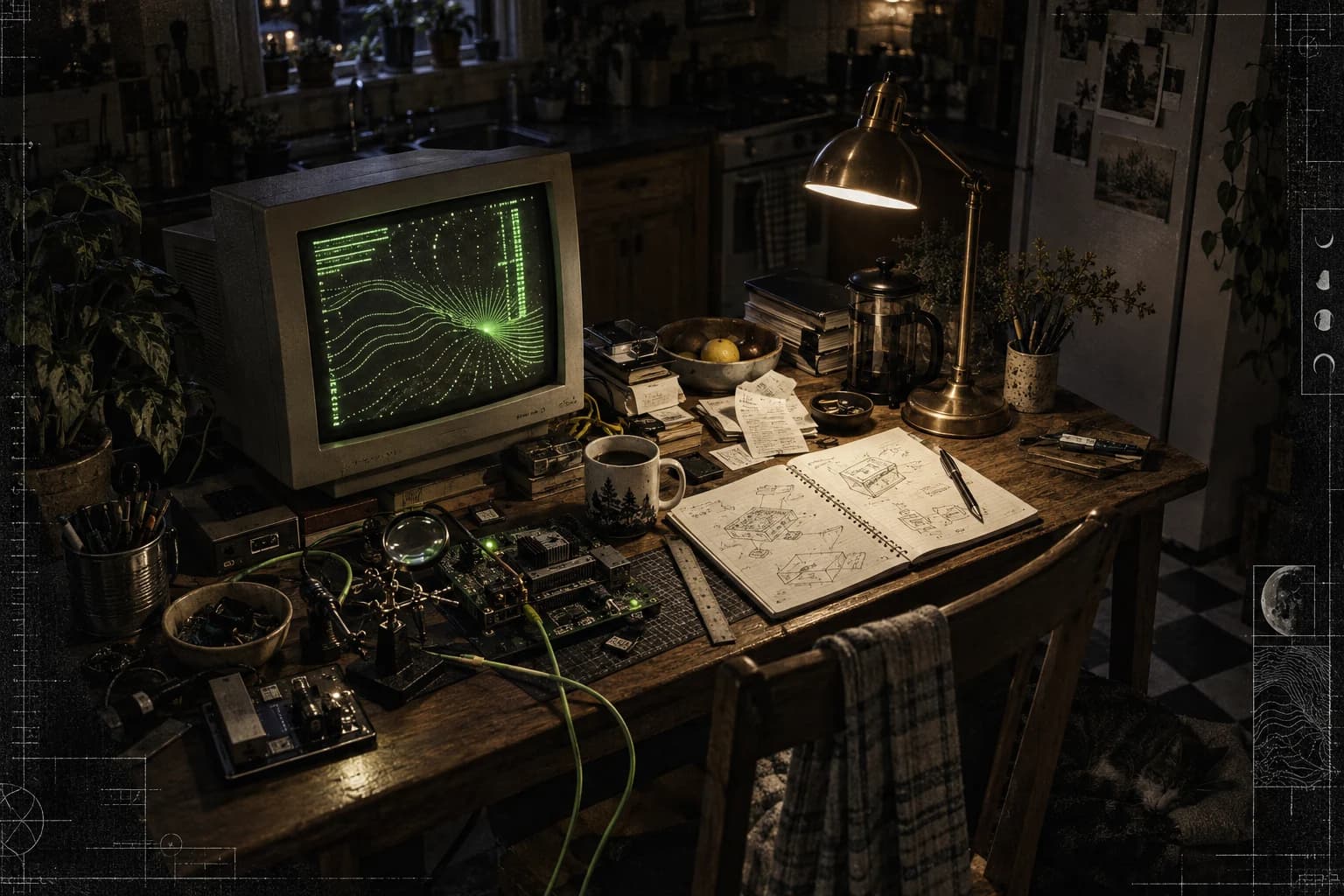 A kitchen table becomes a computing workbench: a glowing green terminal, exposed hardware, receipts, and a notebook under a brass lamp.