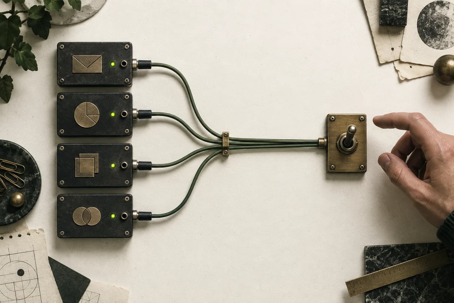 Four small task modules connect through green cables to a brass manual switch, with a human hand poised beside it.